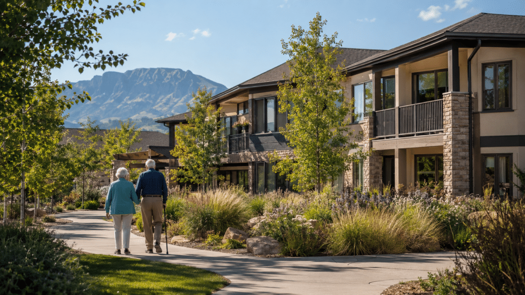 The exterior of a modern two-story senior living community on a sunny day, mature trees, landscaped walking path, Front Range foothills faintly visible in the background