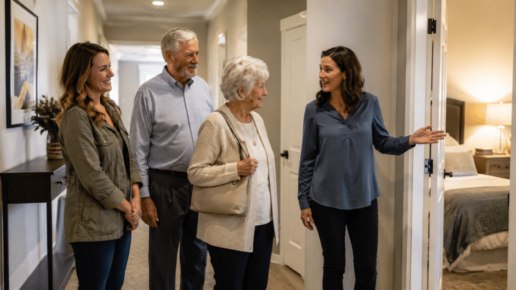 A family touring a senior living community, walking down a bright residential hallway with a staff member gesturing toward an apartment doorway