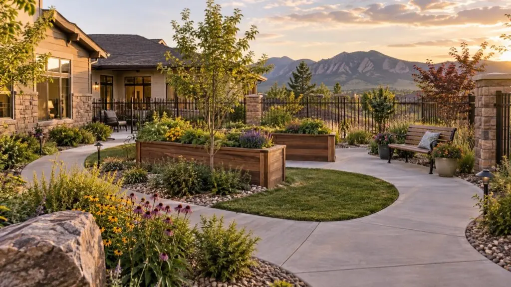 Secure outdoor courtyard at an Arvada, Colorado memory care community with a looping walking path