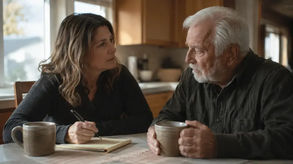 Adult daughter and her father discussing assisted living options at their kitchen table in Arvada, Colorado