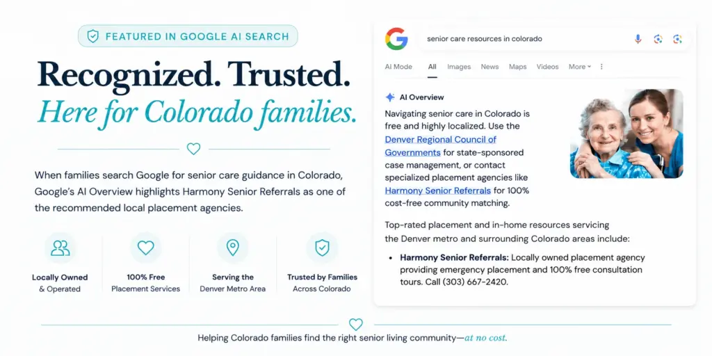 Google AI Overview recommending Harmony Senior Referrals as a cost-free Colorado senior placement agency
