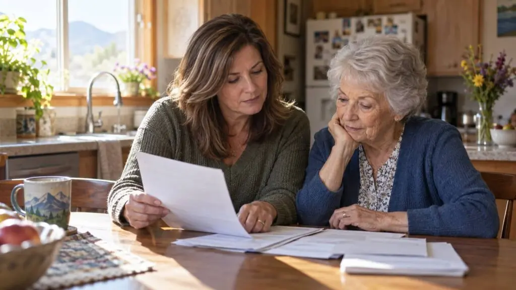 Adult daughter reviewing memory care options in Arvada, Colorado with her mother at the kitchen table