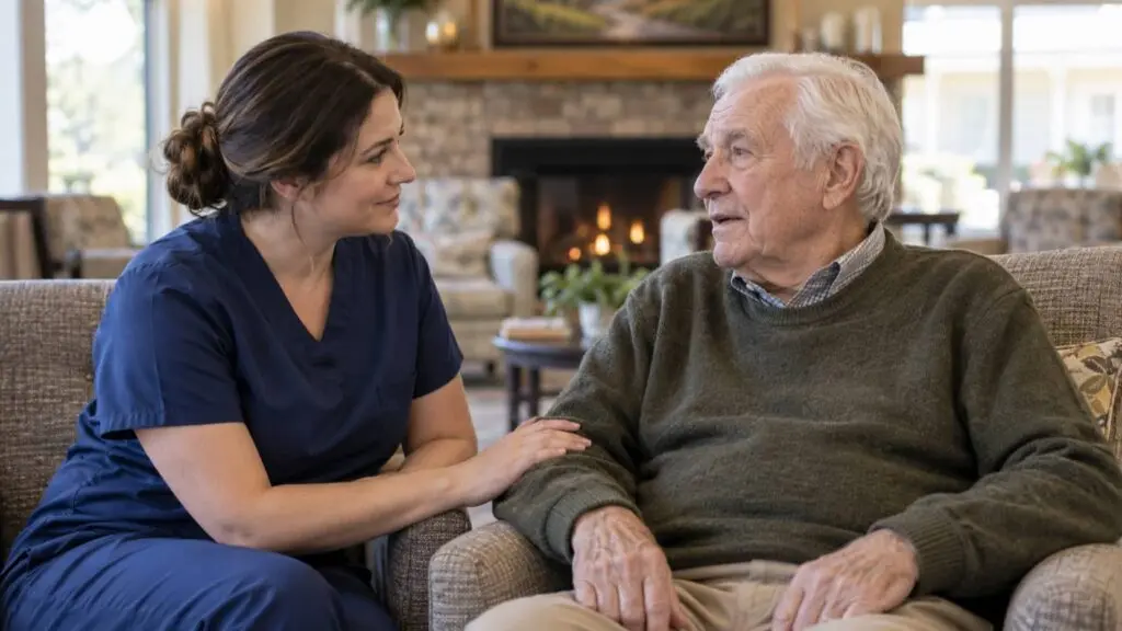 Family touring a memory care facility in Arvada, Colorado and asking a staff member questions
