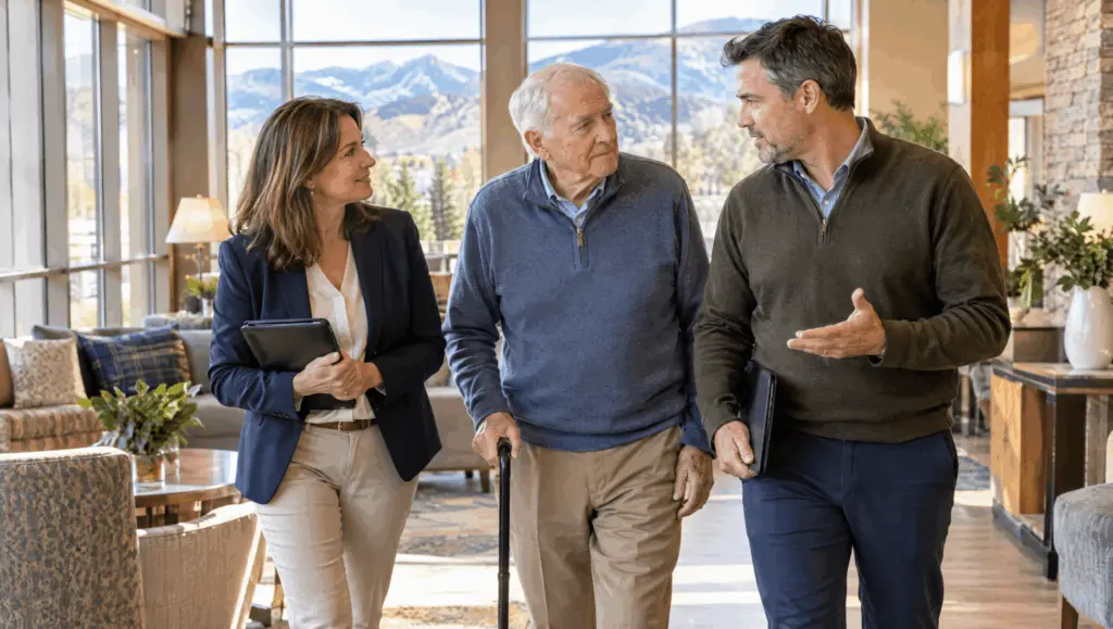 Family touring an Arvada, Colorado assisted living community and asking an advisor about pricing