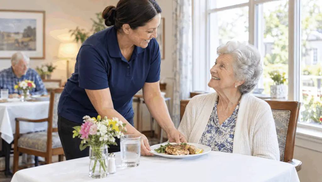 Caregiver serving lunch to a resident at an Arvada, Colorado assisted living community, one of the services included in assisted living costs