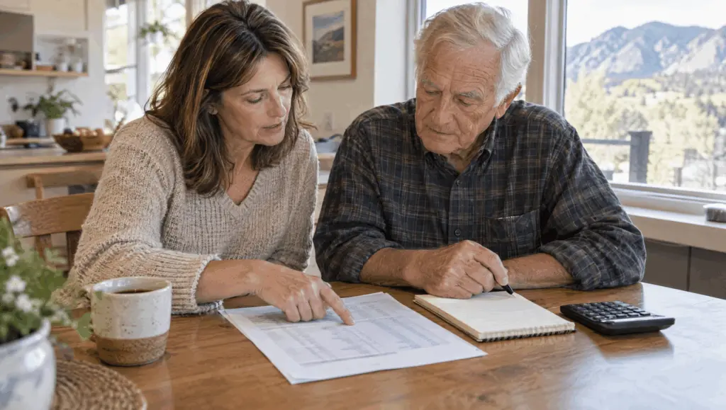 Adult daughter and her father reviewing the cost of assisted living in Arvada, CO at a kitchen table