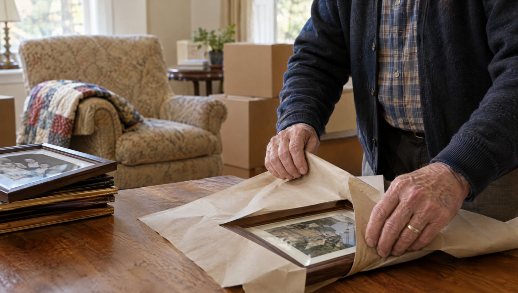 Downsizing for seniors: a parent wrapping framed family photos before a move to senior living
