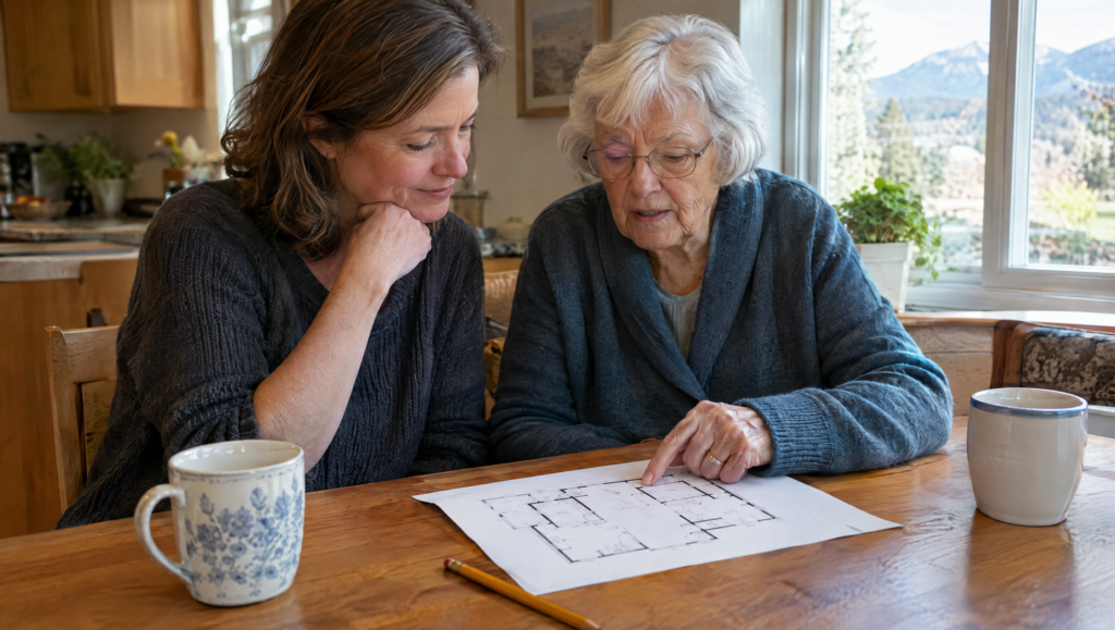 Adult daughter and her mother planning a move to assisted living at the kitchen table