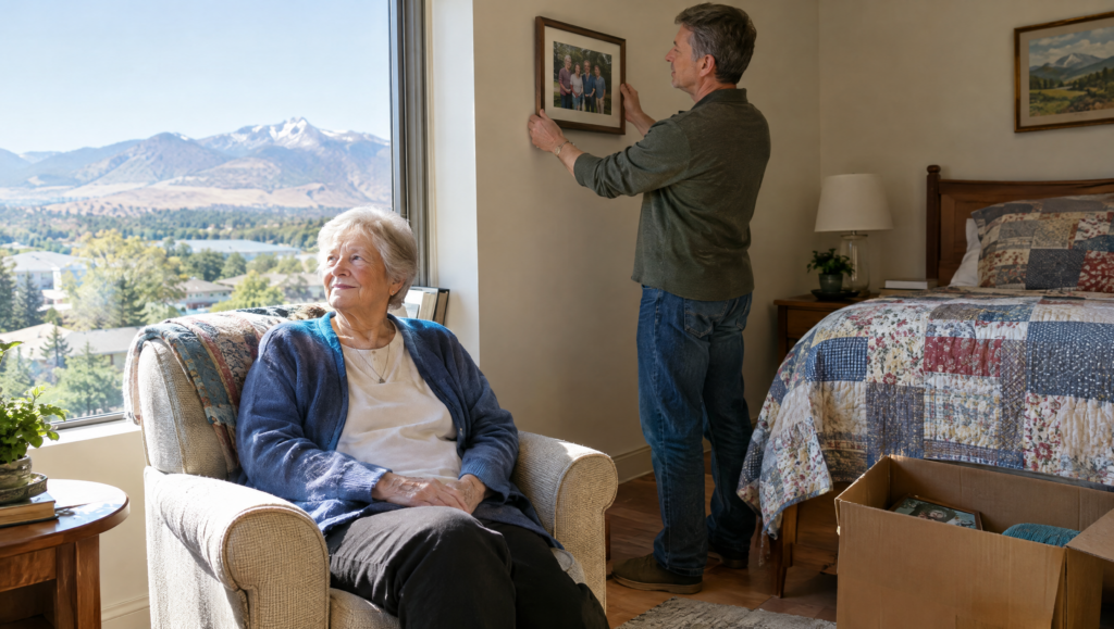Family helping a parent settle into a senior living apartment in Arvada on move-in day